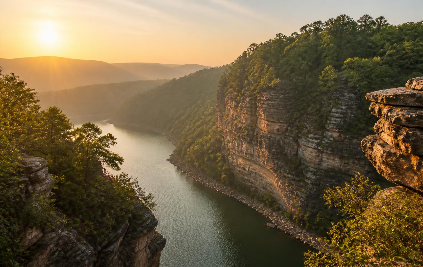 Sunrise over the forested river gorge of Sonbhadra